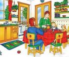 Caillou ve ailesi mutfakta yemek